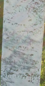 Close up of Ira Miller and Lucy Turner Miller's gravestone Inscription reads: IRA MILLER Died Oct 27 1900 Aged 74 years. LUCY A. His Wife Died Nov 20 1907 Aged 67 years