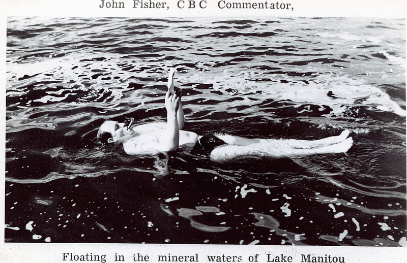 John Fisher CBC commentator swimming at Manitou Beach.Image courtesy of Peel's Prairie Provinces, a digital initiative of the University of Alberta Libraries.